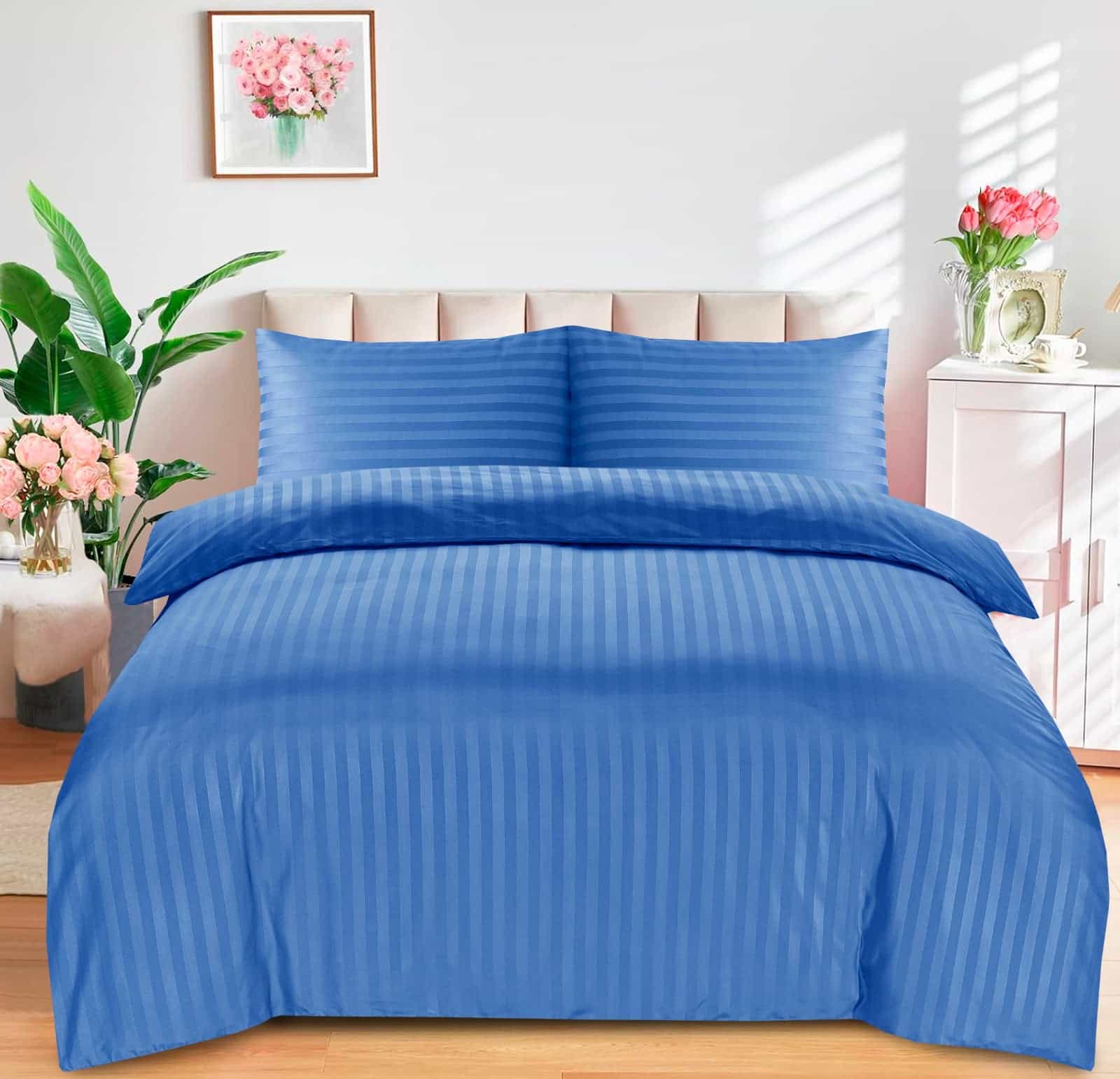 Luxury Stripes Bedding Set Duvet Cover Set Quilt Covers and Pillow Cases All Sizes - Mid Blue