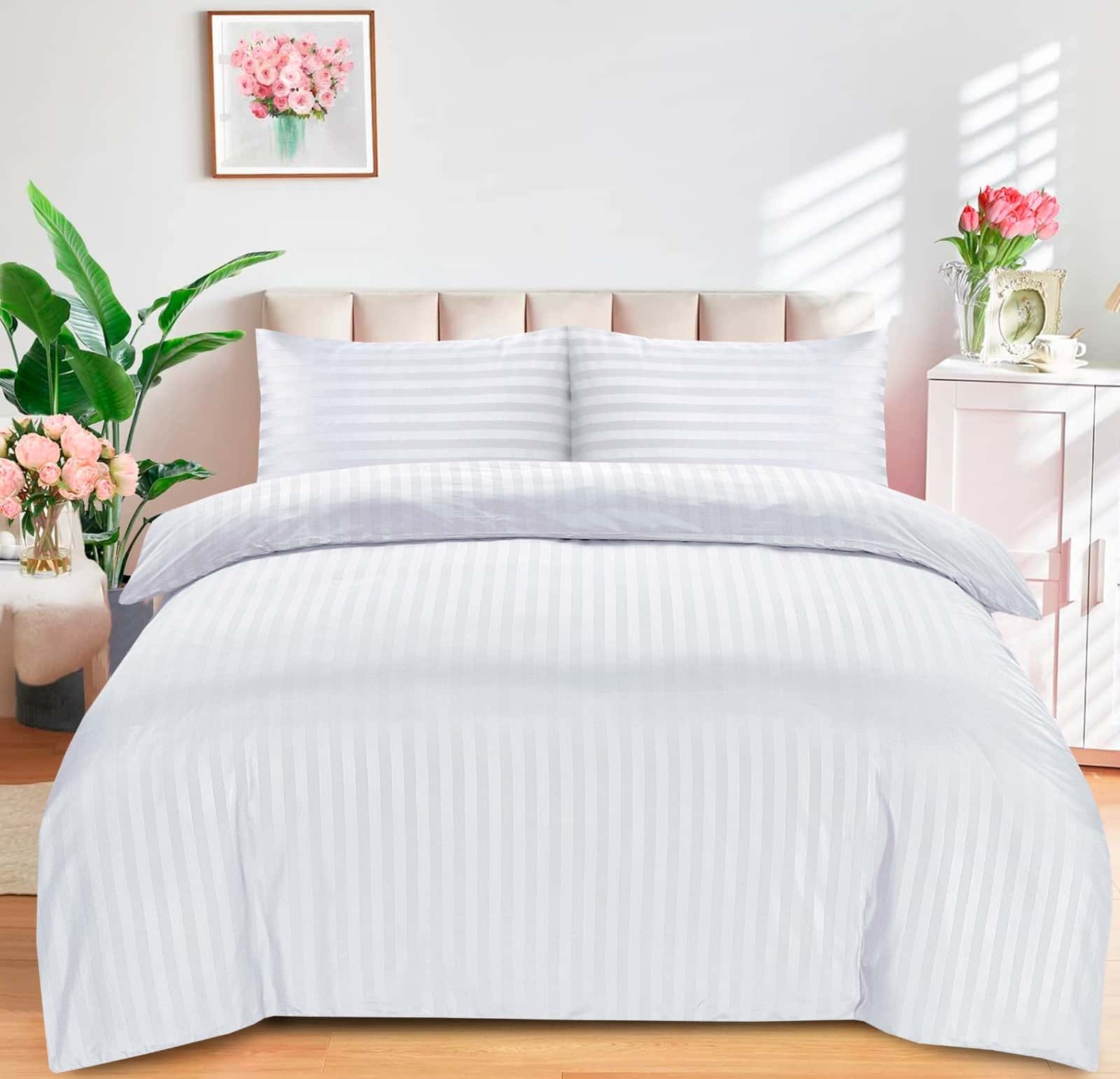 Luxury Stripes Bedding Set Duvet Cover Set Quilt Covers and Pillow Cases All Sizes - White