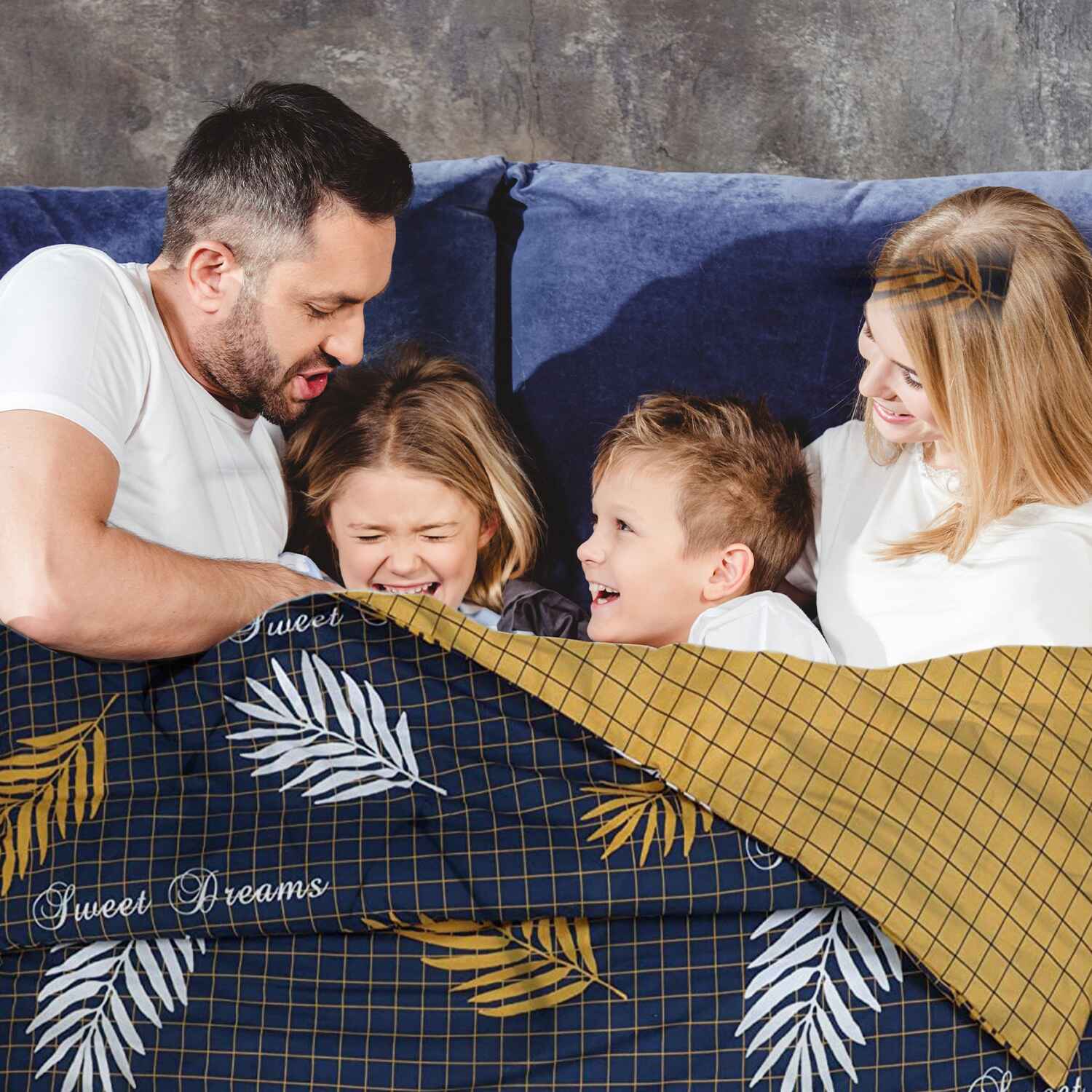 Luxury reversible cotton quilt set navy mustard design