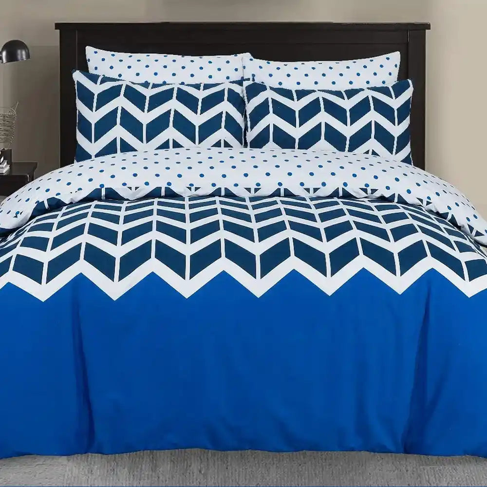 Polycotton Reversible Printed Duvet Cover - Blue and White Chevron Fabric