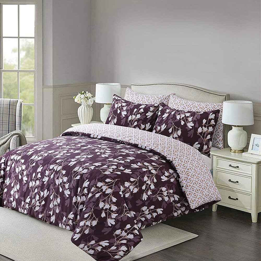 Polycotton Reversible Printed Duvet Cover Set - Spring Purple