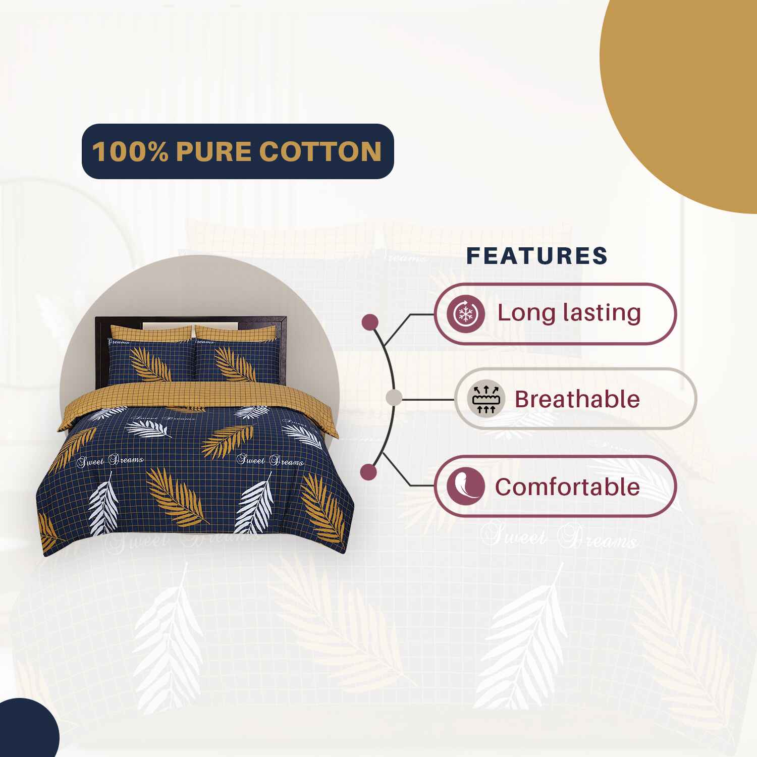 Pure cotton reversible duvet cover set navy and mustard