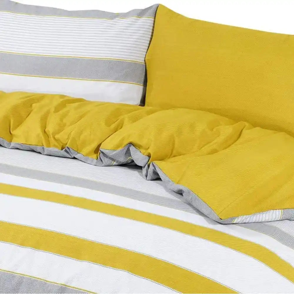 Reversible Striped Duvet Cover Set – Mustard & Grey Design
