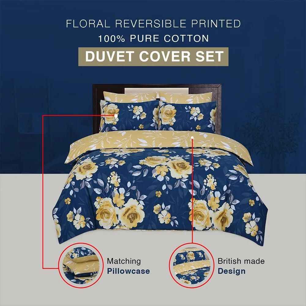 pure cotton duvet cover with navy and mustard rose print