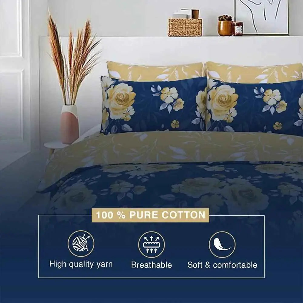100% cotton duvet set with navy mustard rose design