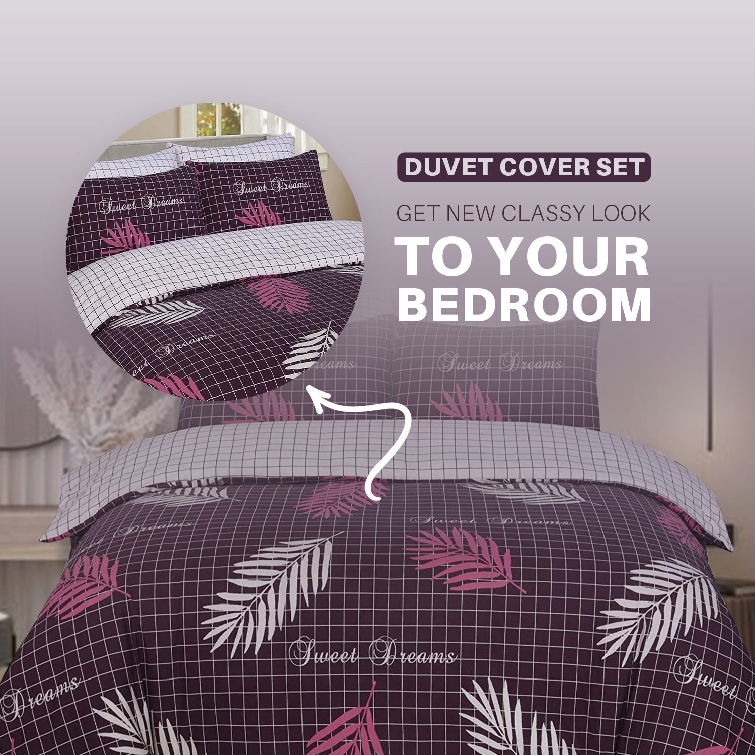 Pure Cotton Reversible Duvet Set - Sweet Dreams Aubergine Quilt Cover Set MODAWAVE
