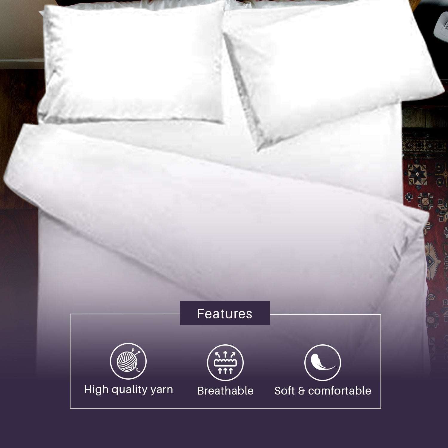 Non Iron Plain Dyed Duvet Cover With Pillow Cases Easy Care Luxury Percale Bed Set - White