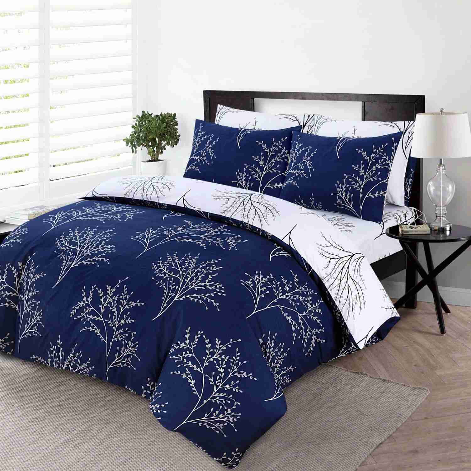 4 Piece Complete Bedding Set Duvet Cover Set With Fitted Bed Sheet & Pillowcases - Navy Blue Branches MODAWAVE