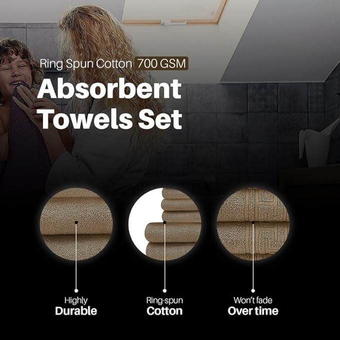 8 Piece Towel Set 100% Egyptian Cotton 700 GSM | 2 Bath Towels | 2 Hand Towels | 4 Washcloths - Brown