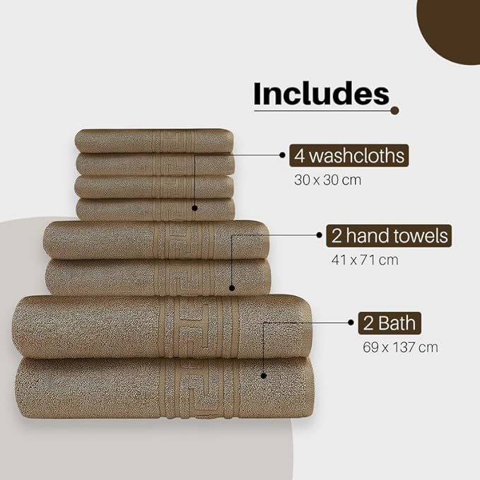 8 Piece Towel Set 100% Egyptian Cotton 700 GSM | 2 Bath Towels | 2 Hand Towels | 4 Washcloths - Brown