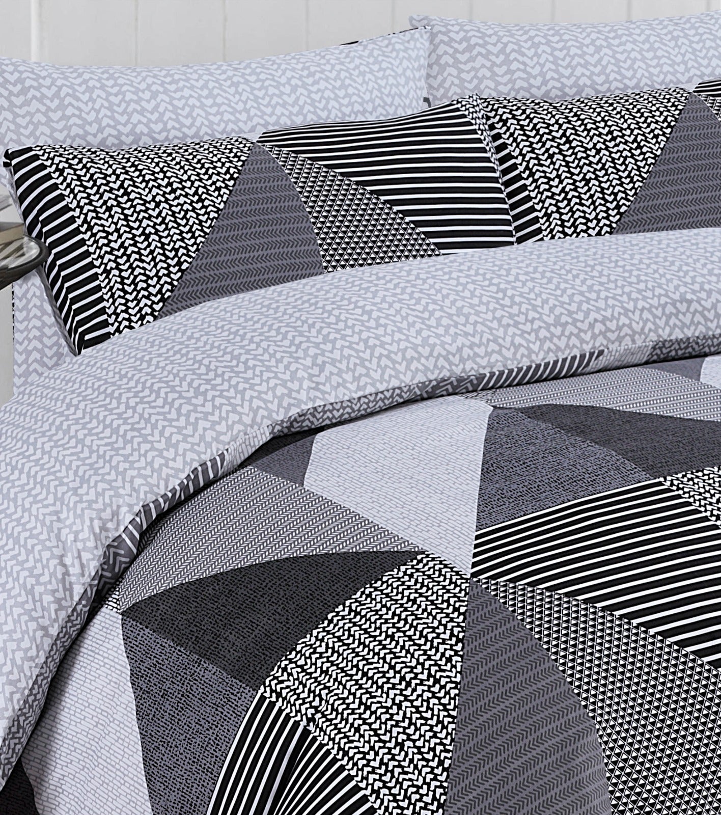 Geo Grey Triad Duvet Set with Fitted Sheet & Pillows