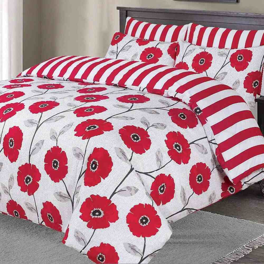 Polycotton Reversible Printed Duvet Cover Set  - Red Flower