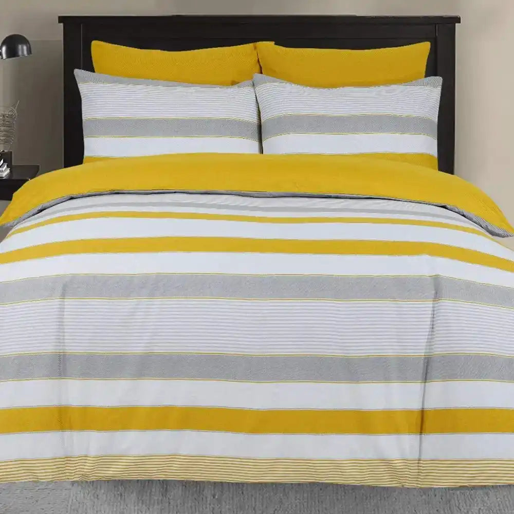 Stylish Mustard & Grey Striped Duvet Cover Set - Reversible Polycotton