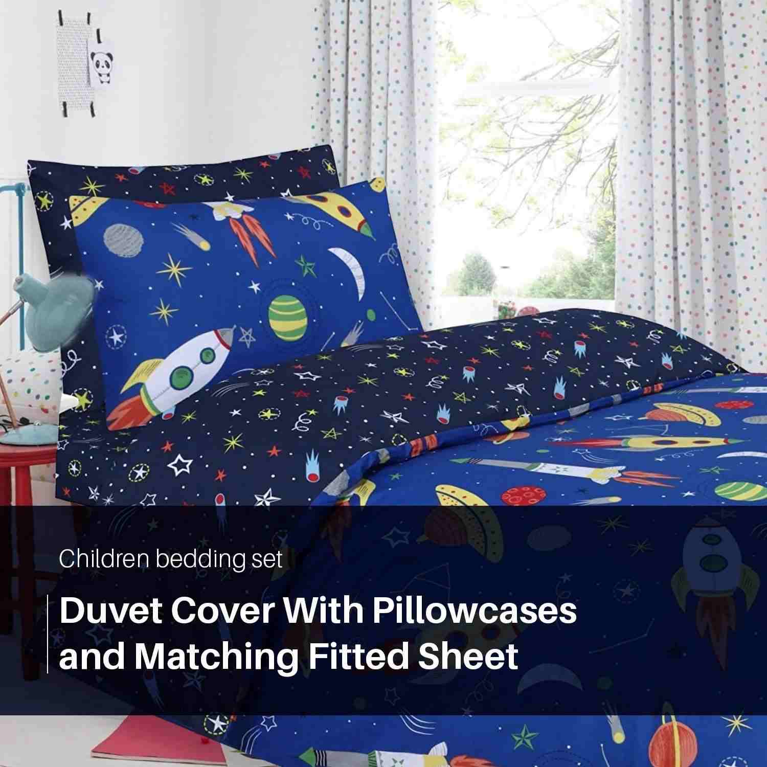 100% Cotton Kid's Complete Bed Sets with Matching Bedsheets - Space Blue