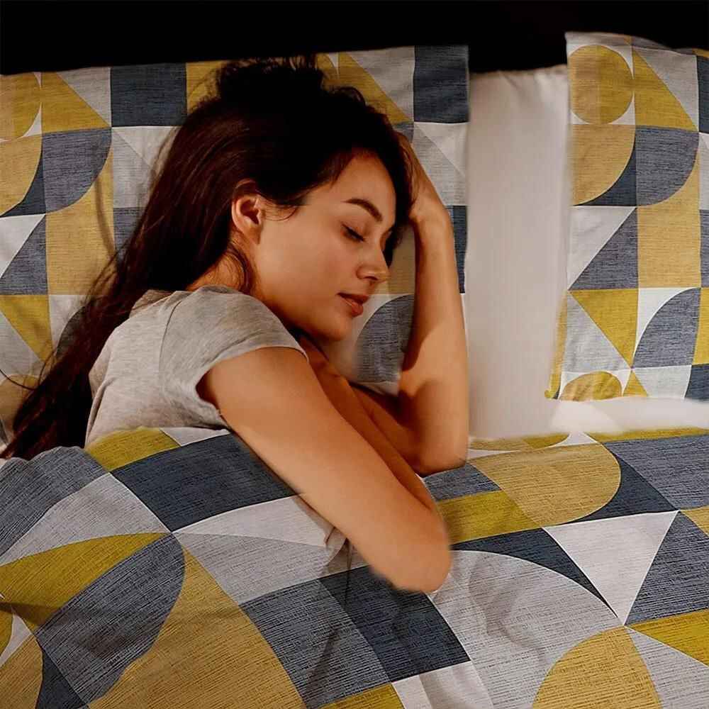 geometric print duvet cover in grey and mustard tones