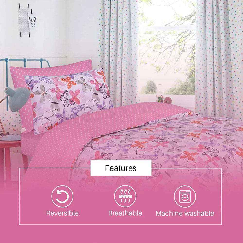 pink butterfly kids bed set with matching bedsheet