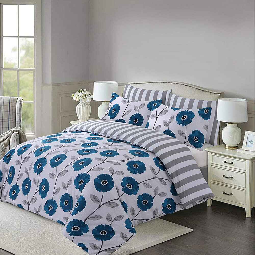 polycotton Reversible  Printed Duvet Cover Set  - Teal Flower