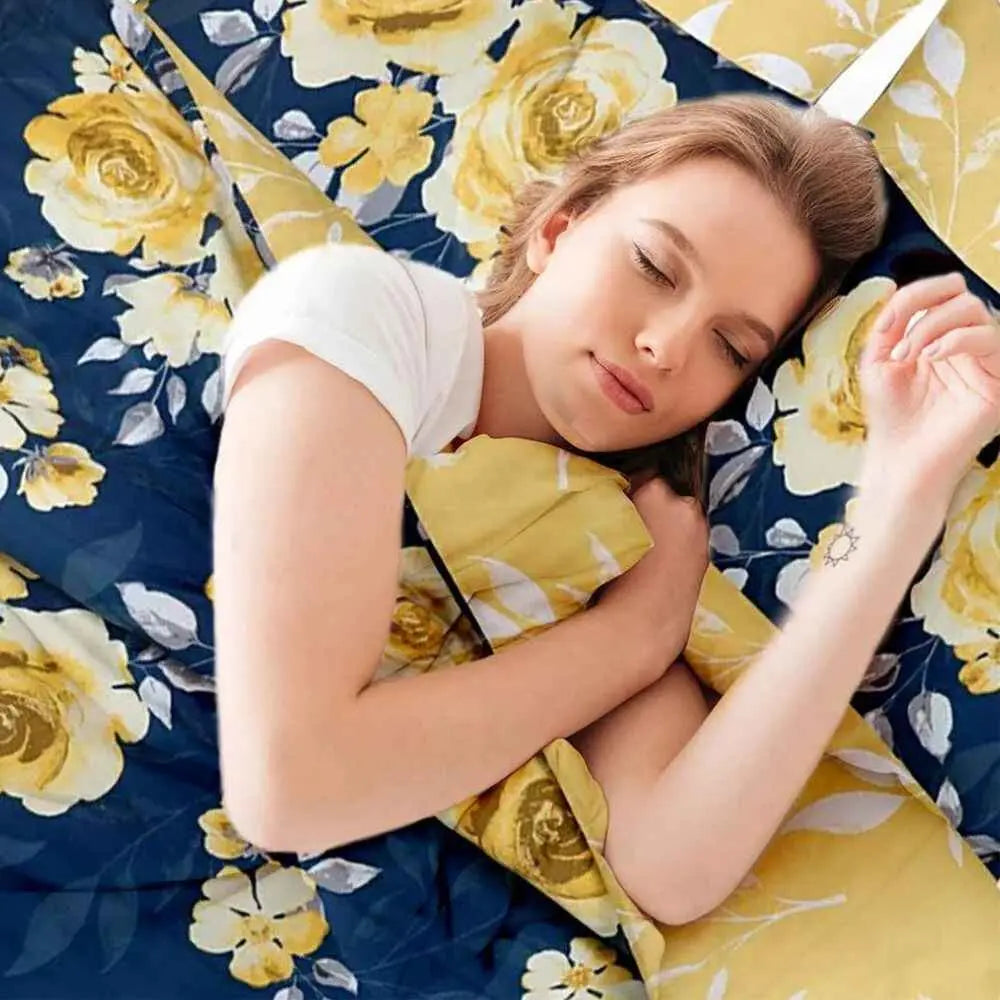 soft cotton bedding set navy mustard floral print